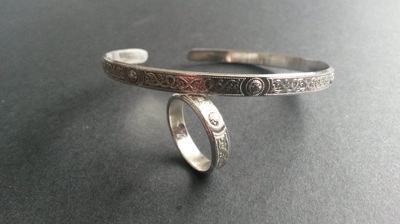 Celtic type silver bracelet and ring. £80. Other designs and materials available.